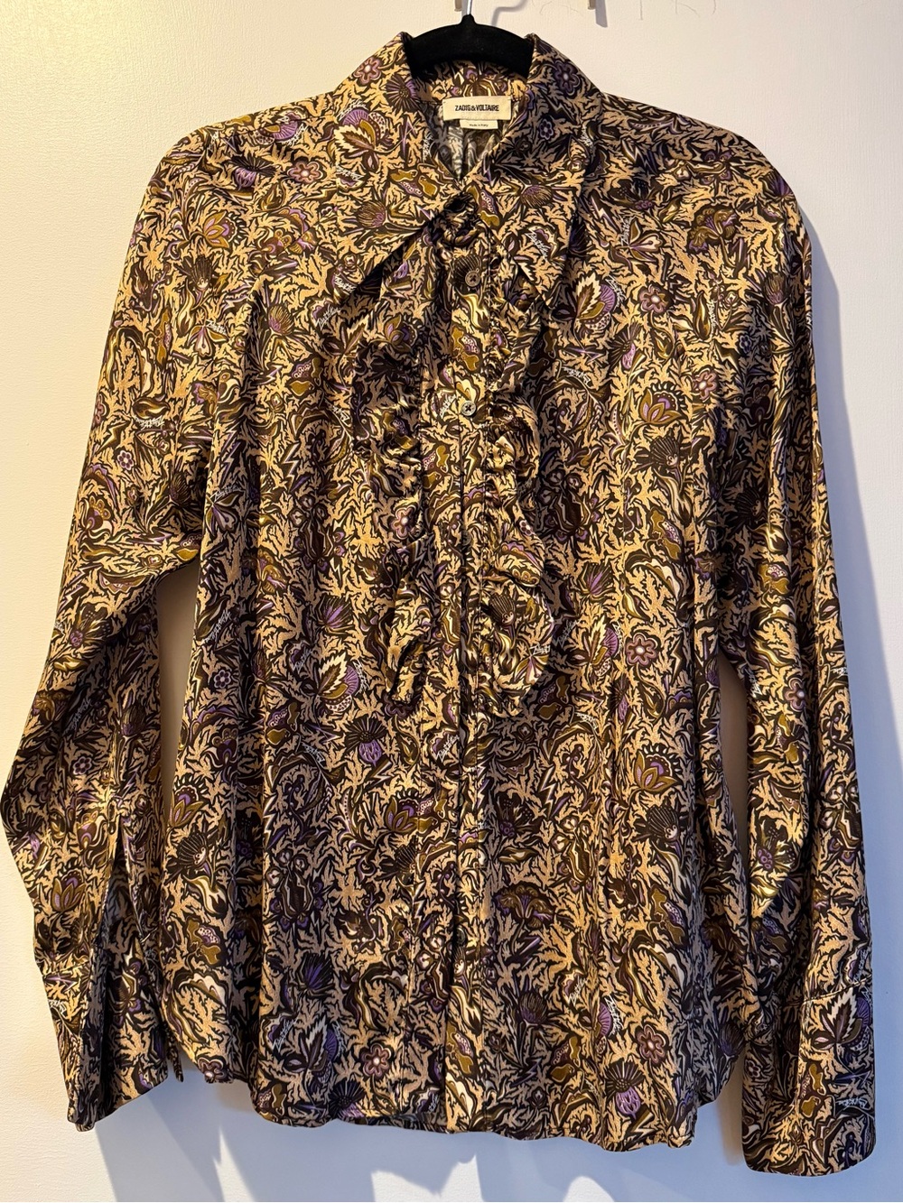 Zadig & Voltaire Floral Tuxedo Ruffle Silky Blouse in Brown and Purple Paisley - Picture 3 of 6